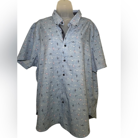 Con.Struct Men’s Slim Fit Shark Print Button Down Shirt Blue XXL - Picture 2 of 7